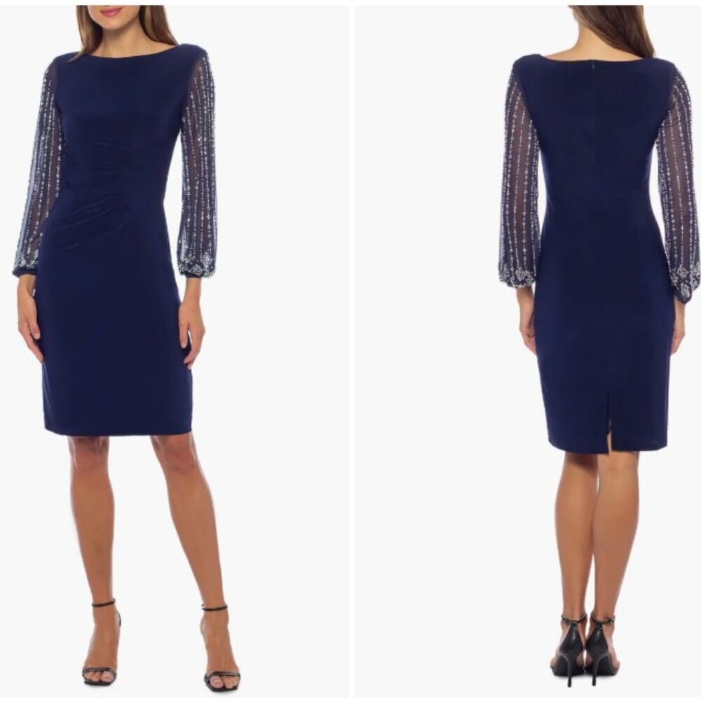 MARINA Womens Navy Dress with Embellished Long Sleeves Ruched Size 8 Knee Length